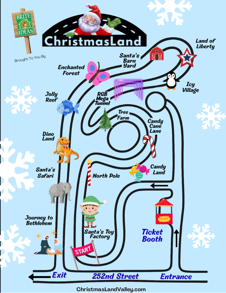 ChristmasLand drive-thru route map — themed Christmas worlds including Enchanted Forest, Candy Cane Lane, North Pole, and more